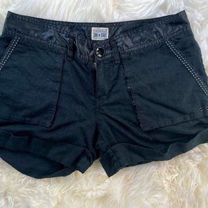 Black Linen Shorts with Satin and Stitched Accents
